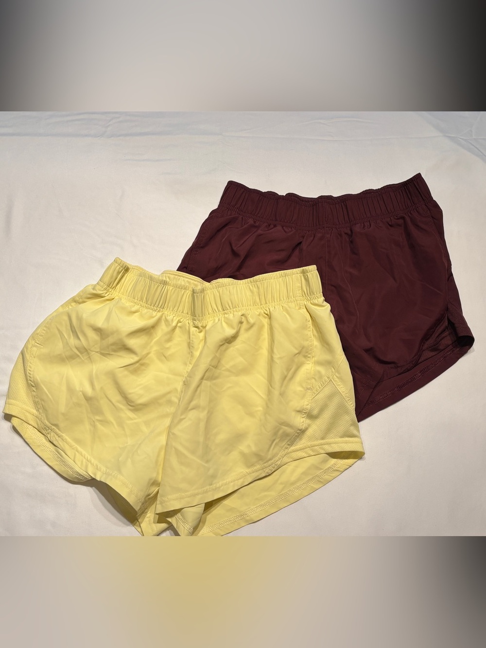 2 pr. Athletic Work Shorts in Yellow and Burgundy 
Sz. Small